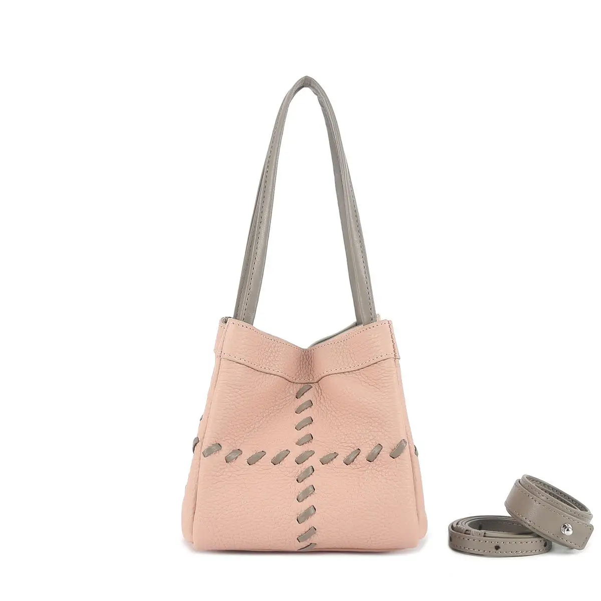 kf-S2207458ae44848b6b4755e23d836b172p 2026 New Women's Top Grain Leather Bucket Bag Handmade Contrast Stitching Adjustable Strap Shoulder Handbag - Image 1