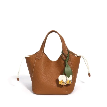 Women's Top-Grain Cowhide Leather Basket Tote Bag with Floral Pendant Adjustable Strap Multi-use Handbag for Work & Daily
